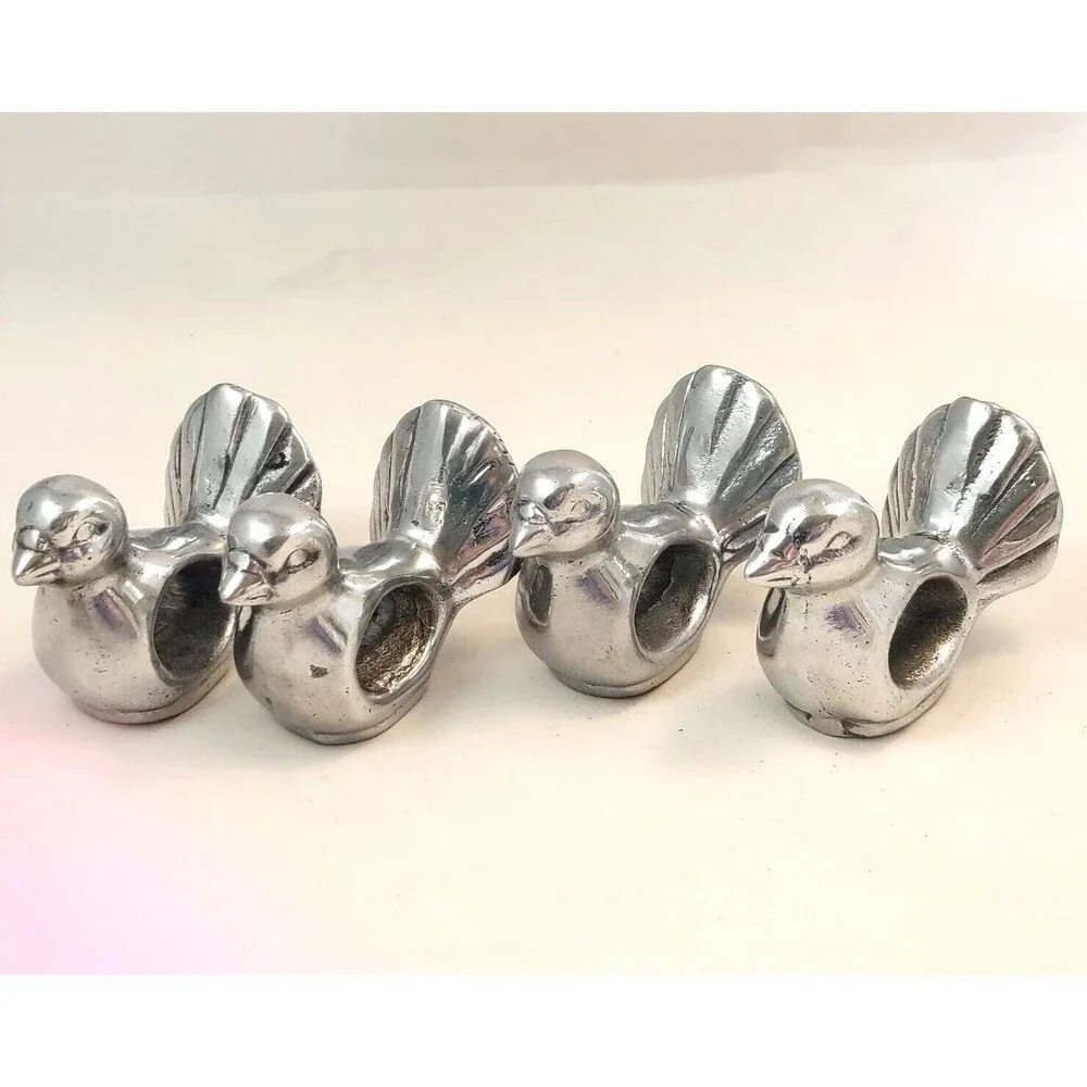 Pewter Birds Chickens Napkin Rings Set Of 4 2” Tall vintage